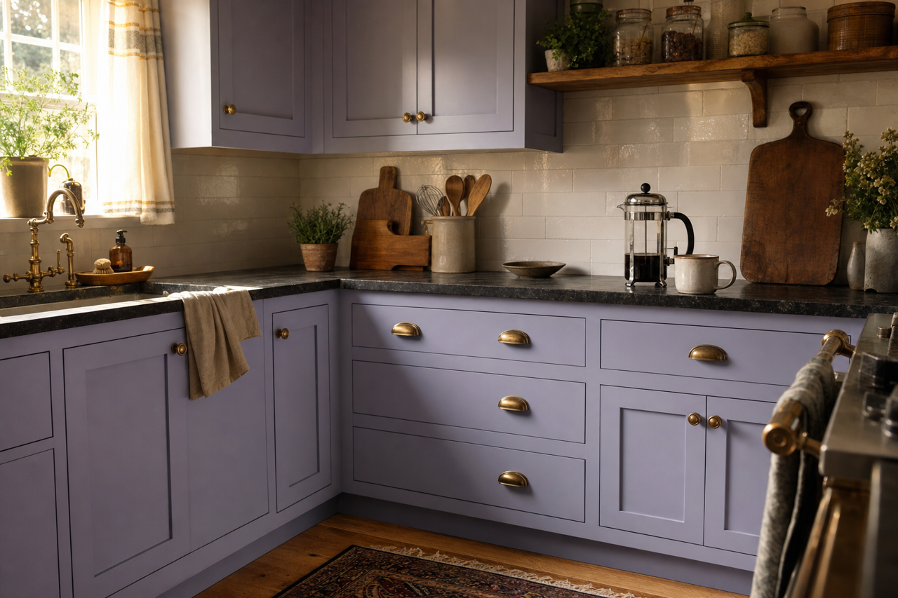 Lavender Lake by Valspar on cabinets