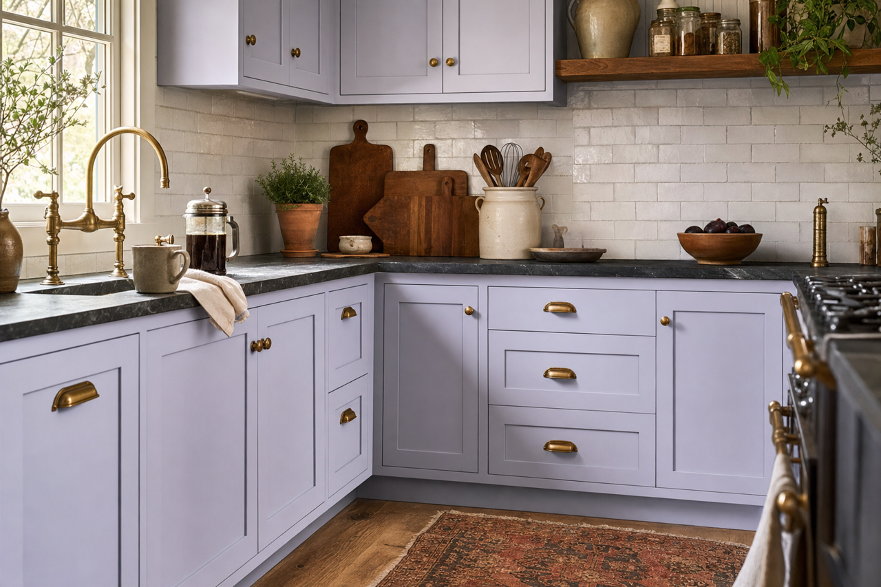 Lavender Mist by Valspar on cabinets
