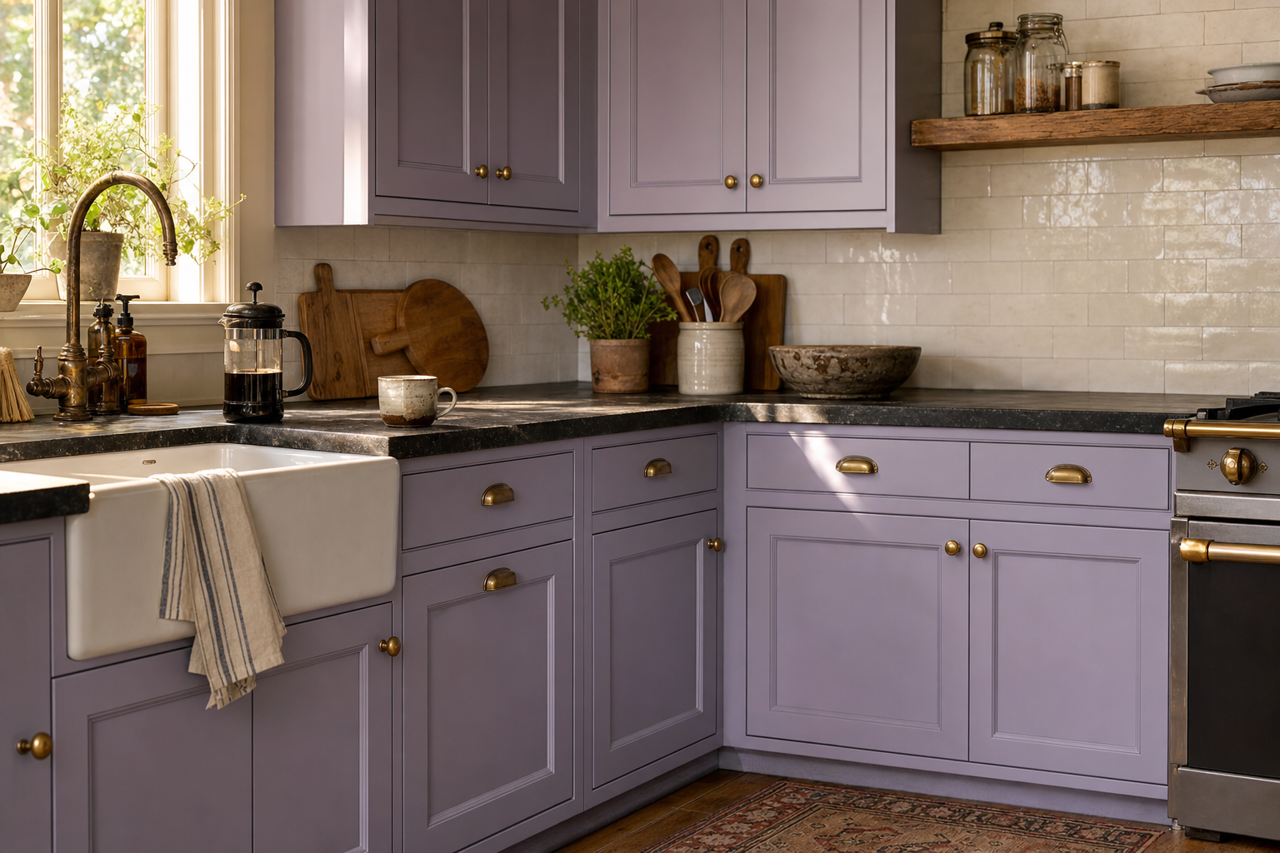 Dusky Lavender by Valspar on cabinets