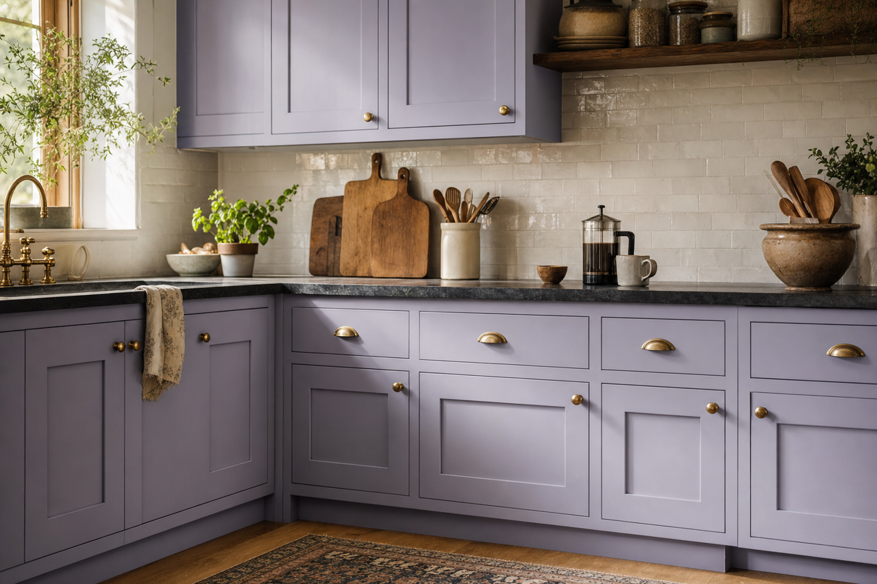 Utterly Violet by Valspar on cabinets