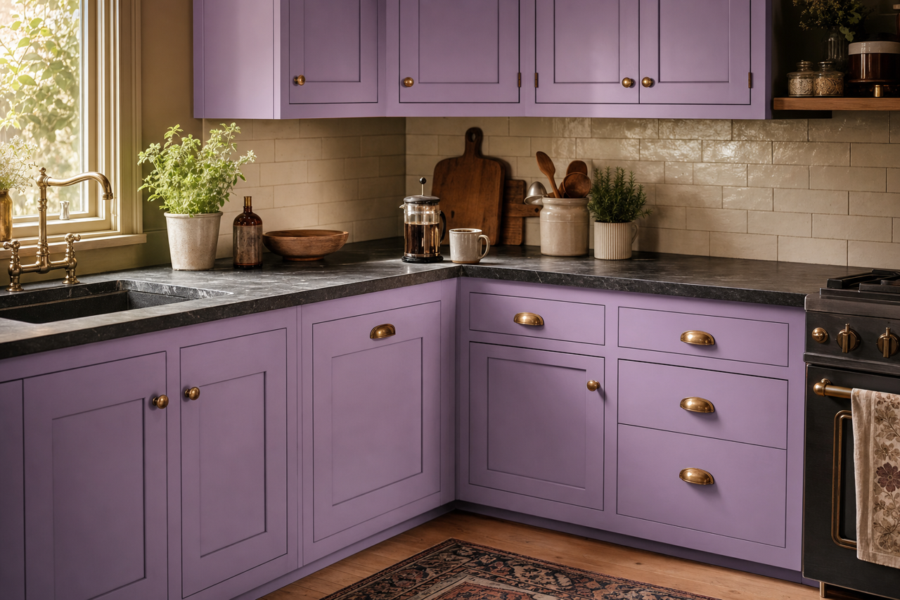Purple Gala by Valspar on cabinets