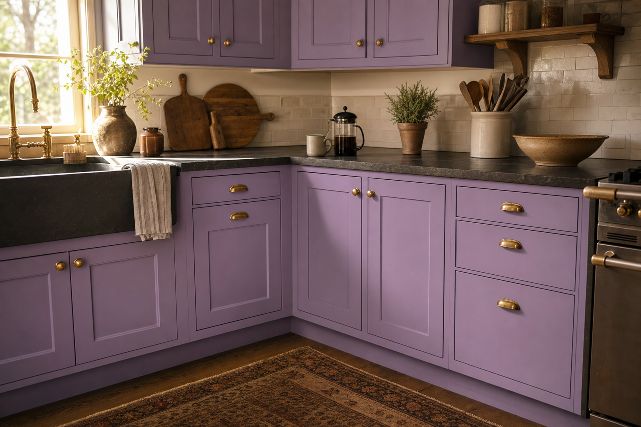 Plum Burst by Valspar on cabinets