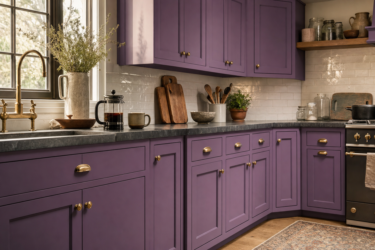 Sonic Plum by Valspar on cabinets