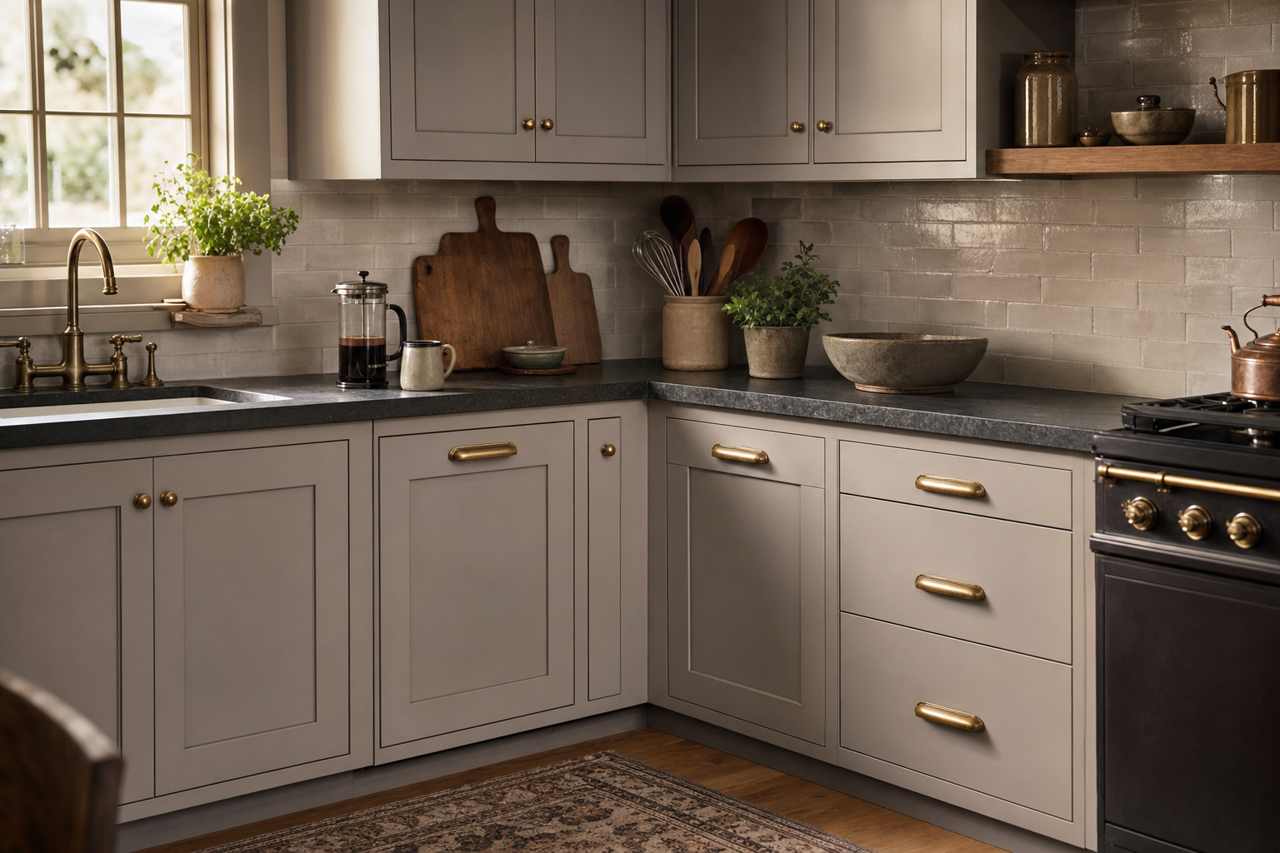 Bleached Shadow by Valspar on cabinets