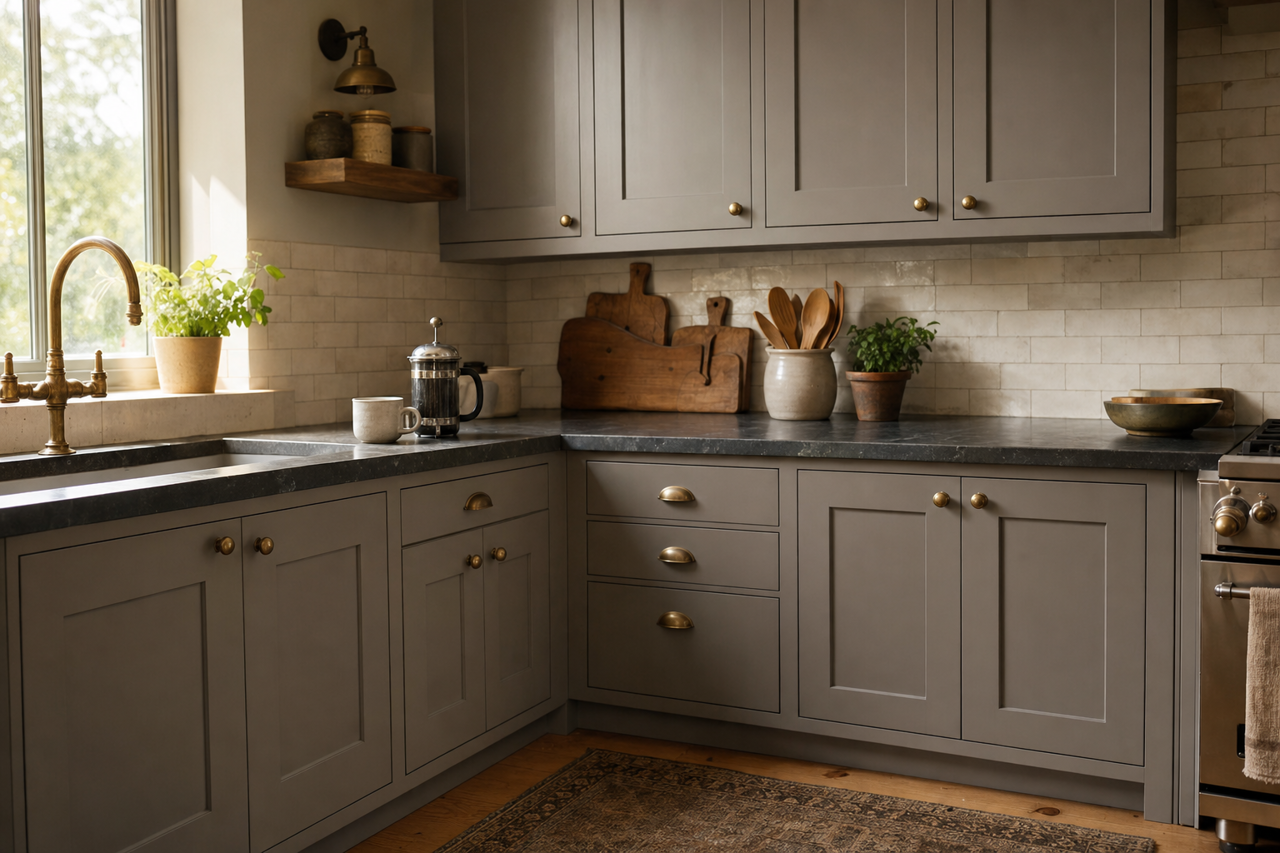 Dusty Lead by Valspar on cabinets