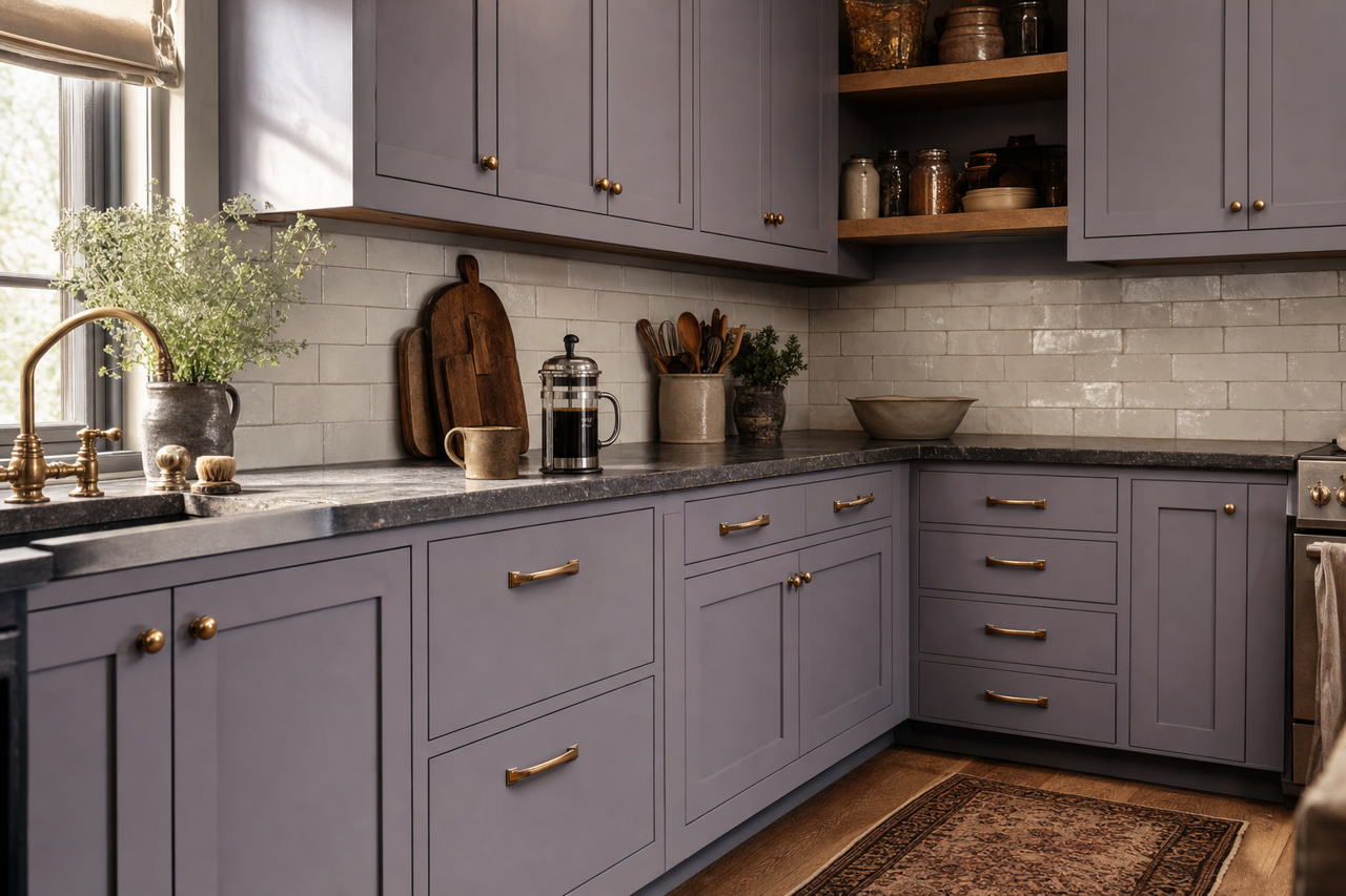 Turbid Amethyst by Valspar on cabinets