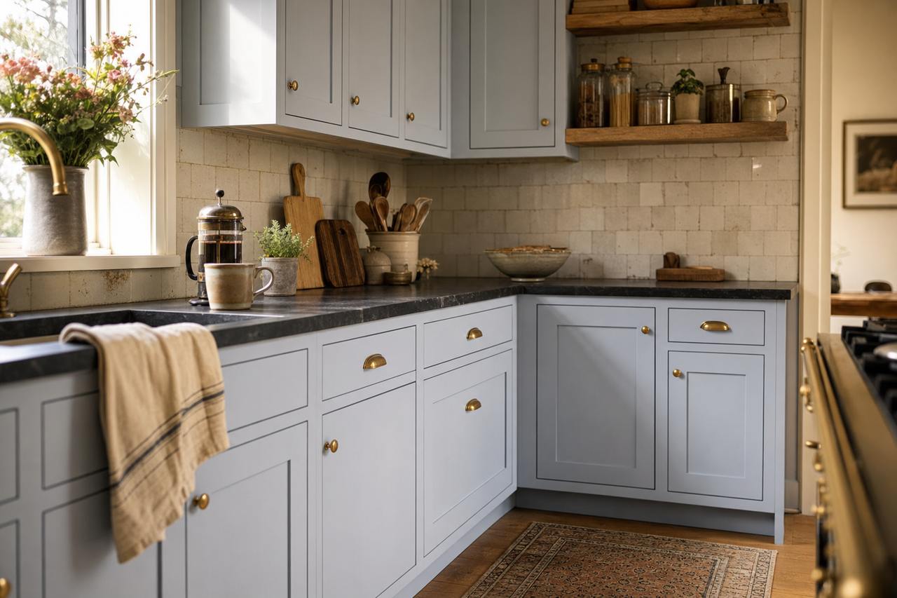Morning Chill by Valspar on cabinets