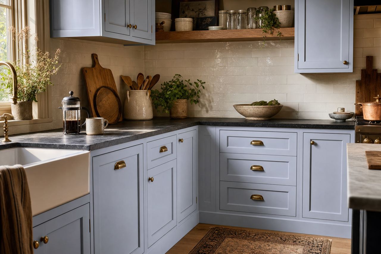 Lilac Macchiato by Valspar on cabinets