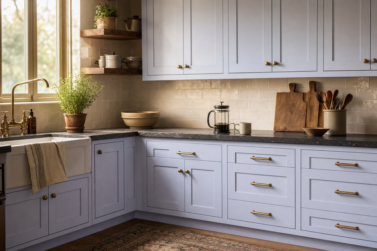 Lavender Escape by Valspar on cabinets