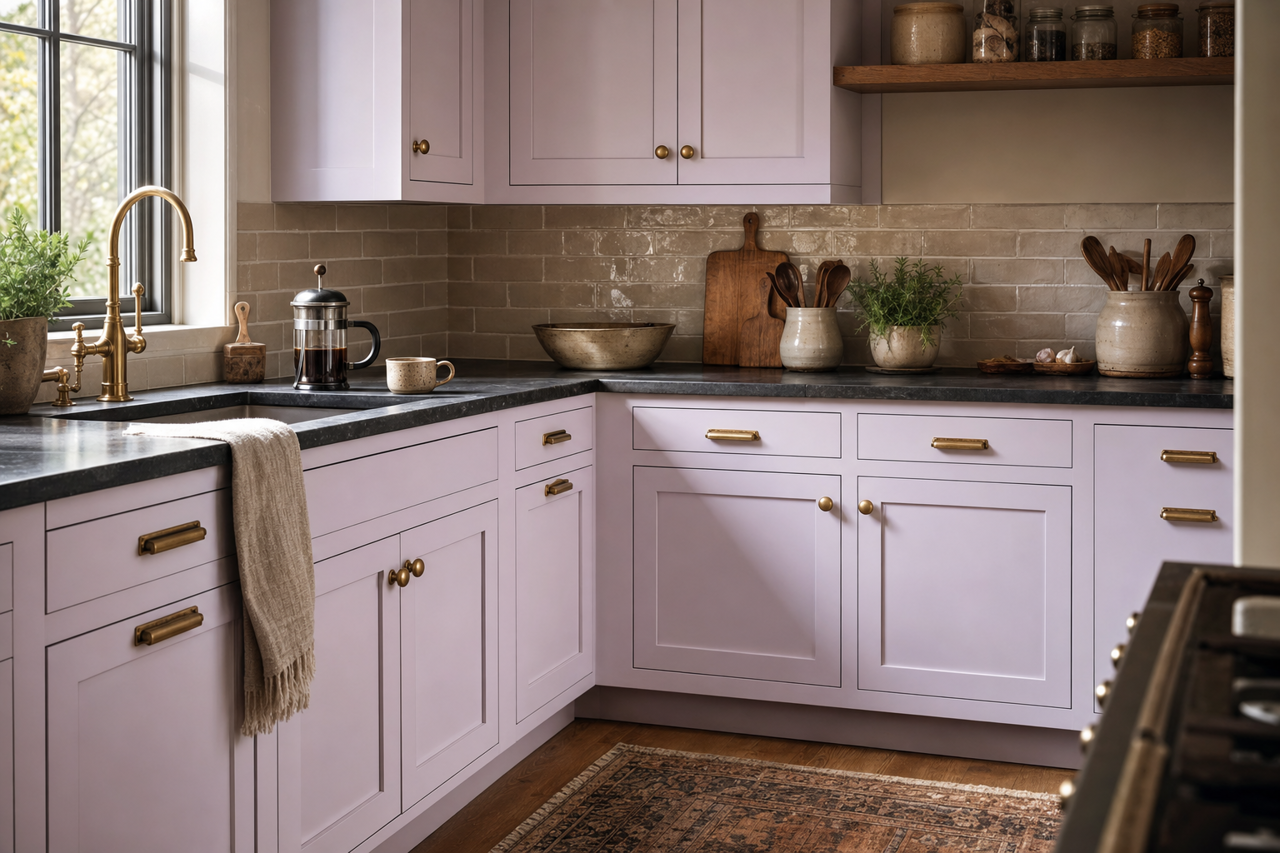 Whipped Plum by Valspar on cabinets