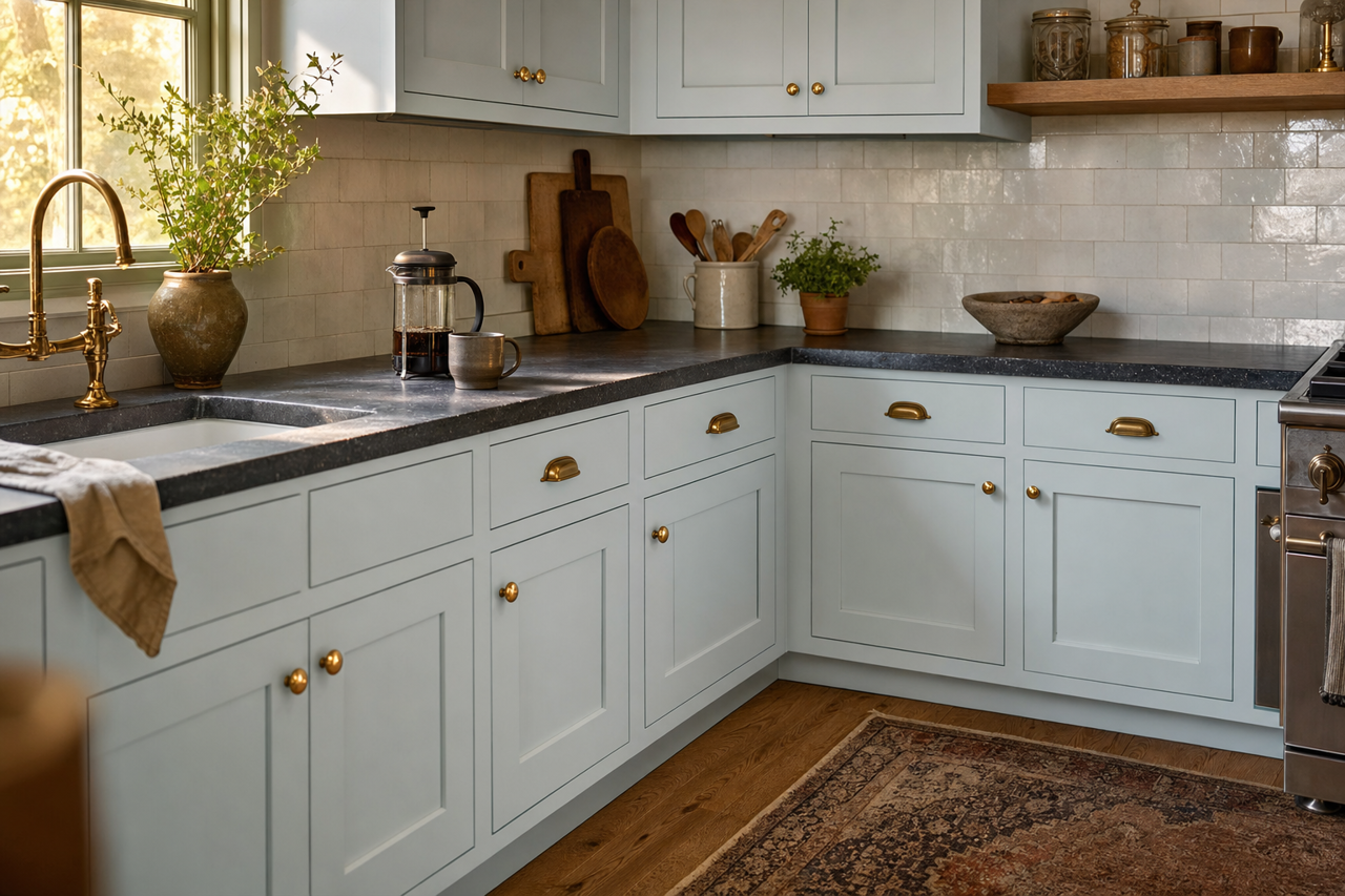 Wisteria Snow by Valspar on cabinets