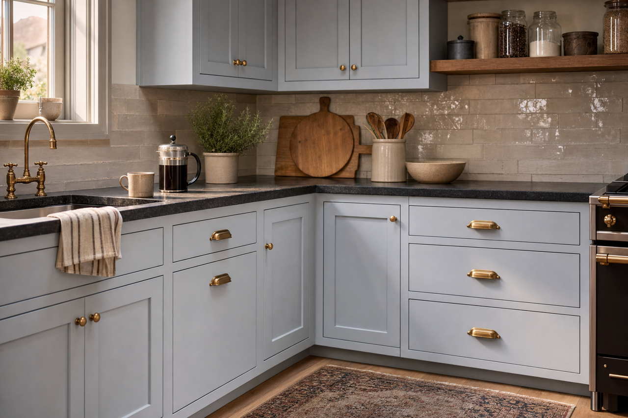 Orchid Ash by Valspar on cabinets
