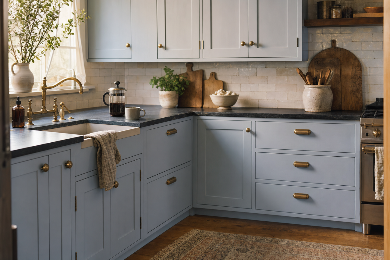 Misty Morning Dew by Valspar on cabinets