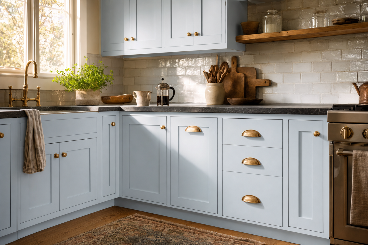 Sapphire Glow by Valspar on cabinets