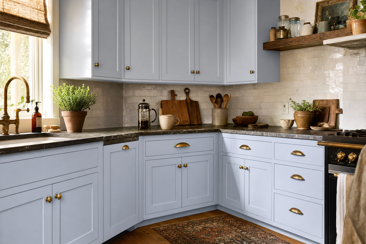 Celestial Blue by Valspar on cabinets