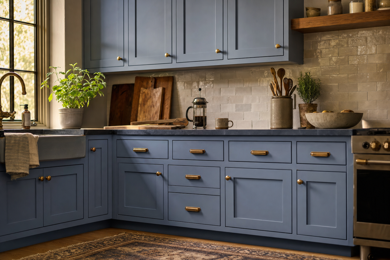 Guest Blue by Valspar on cabinets