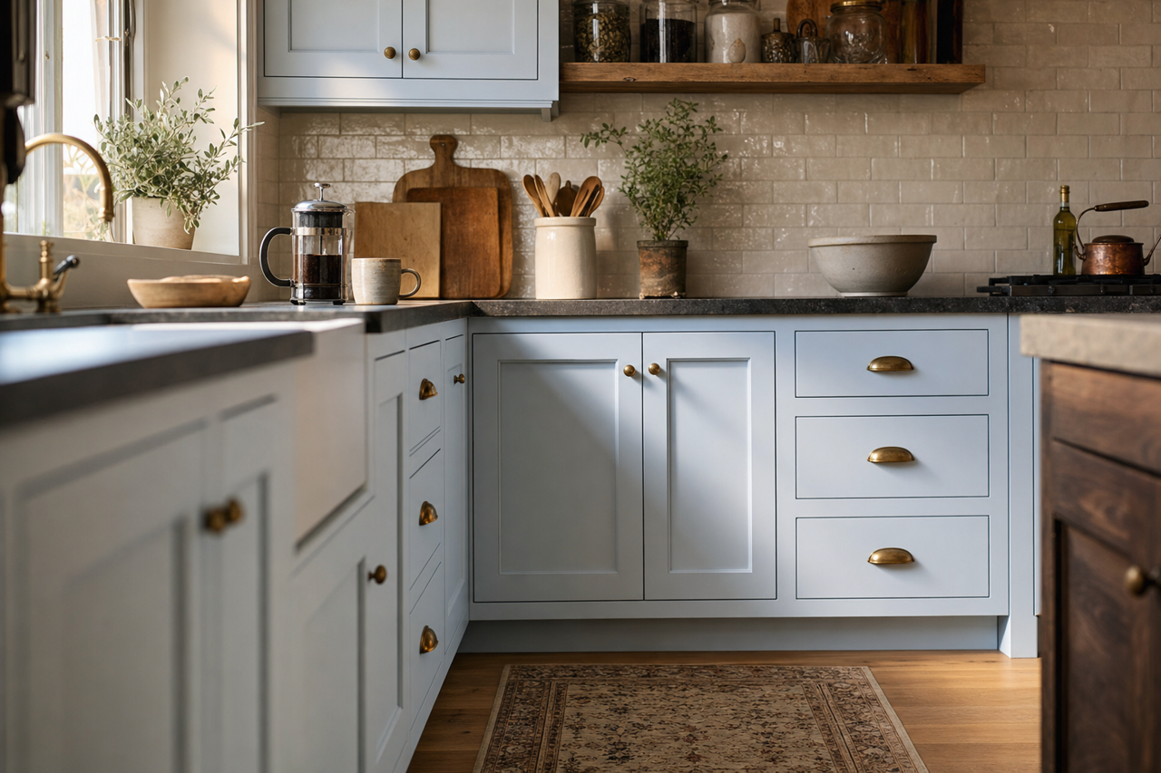 Cool Morning by Valspar on cabinets