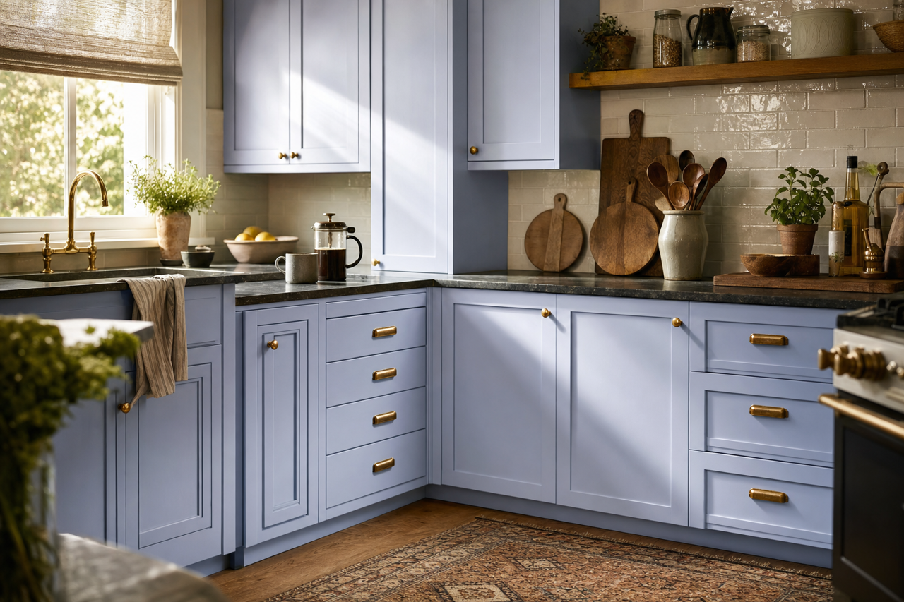 Over the Moon by Valspar on cabinets