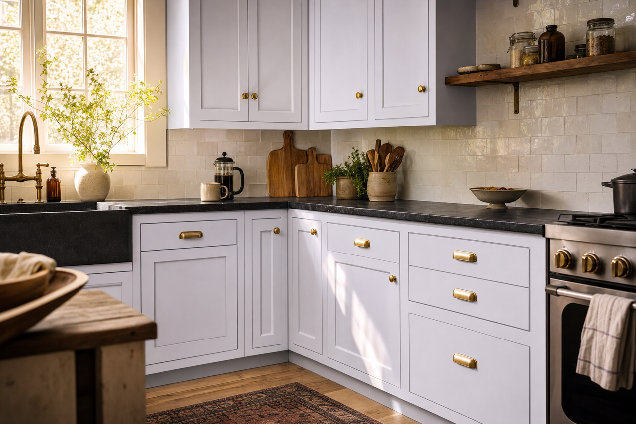 Lilac Whisper by Valspar on cabinets