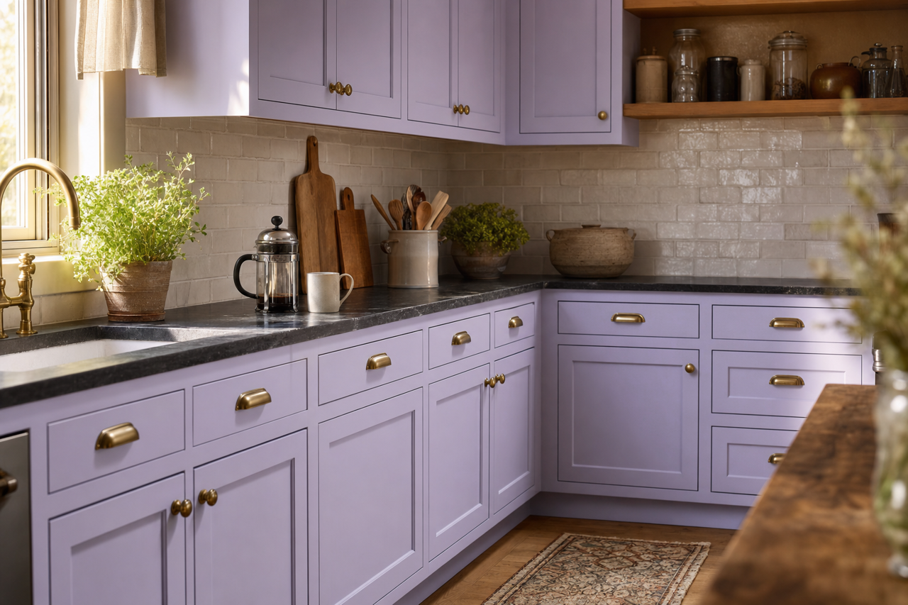 Imperial Lilac by Valspar on cabinets