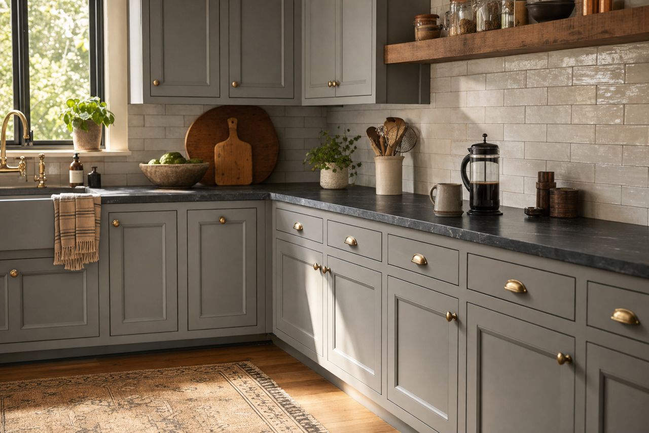 Grey Suit by Valspar on cabinets