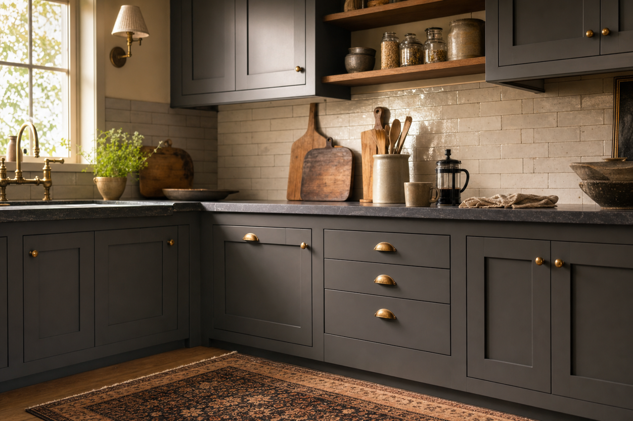Ebony Field by Valspar on cabinets