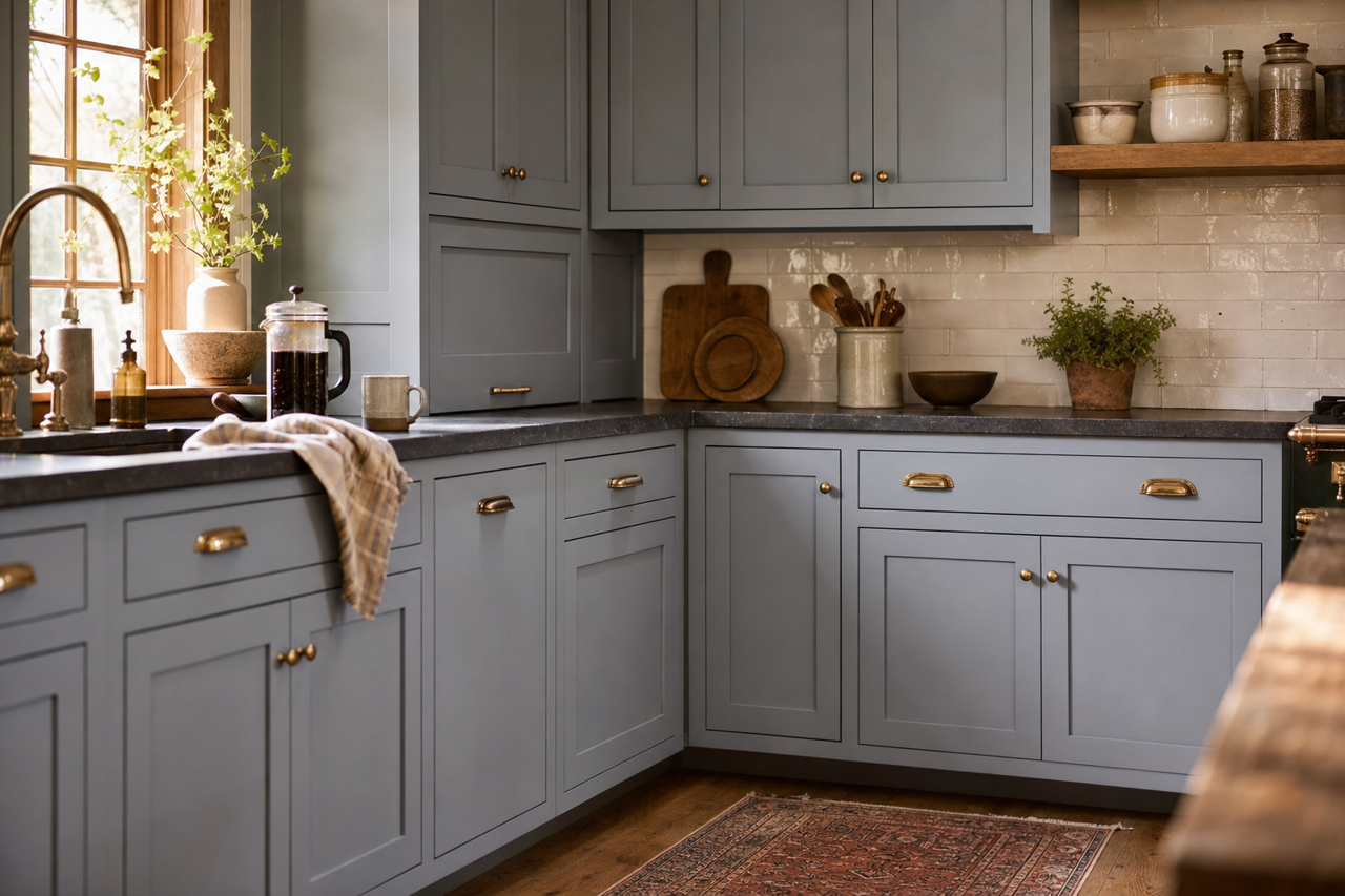 Acier Tint by Valspar on cabinets