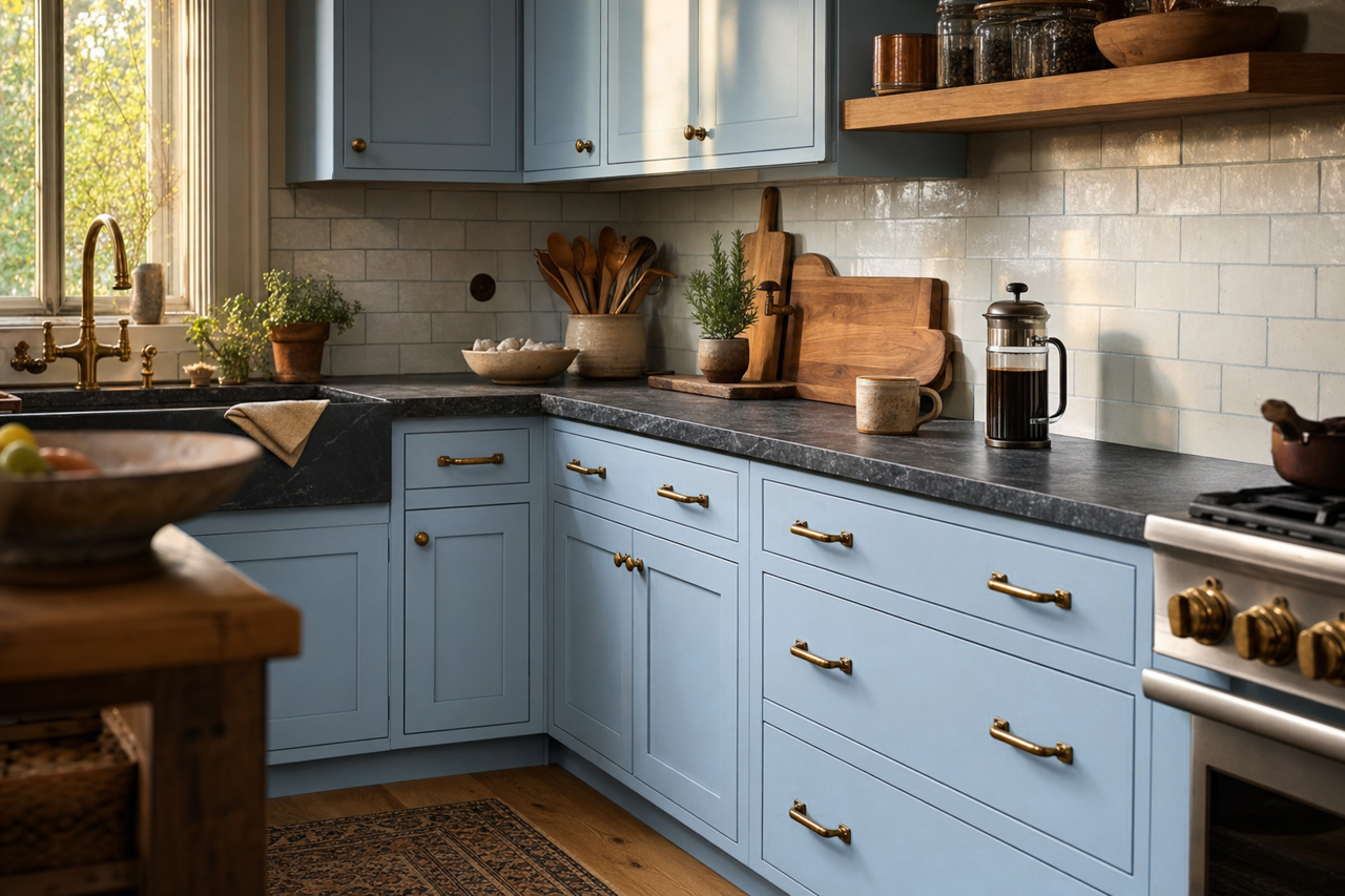 Novella Blue by Valspar on cabinets