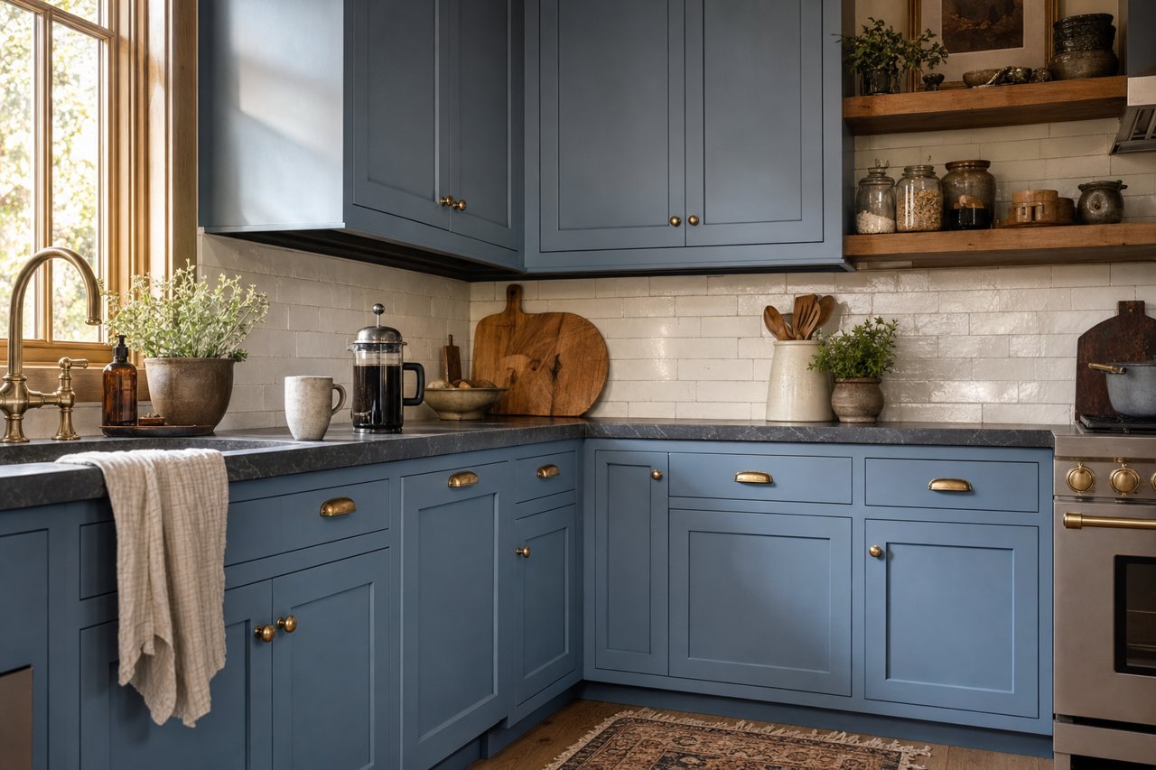 Veranda Blue by Valspar on cabinets