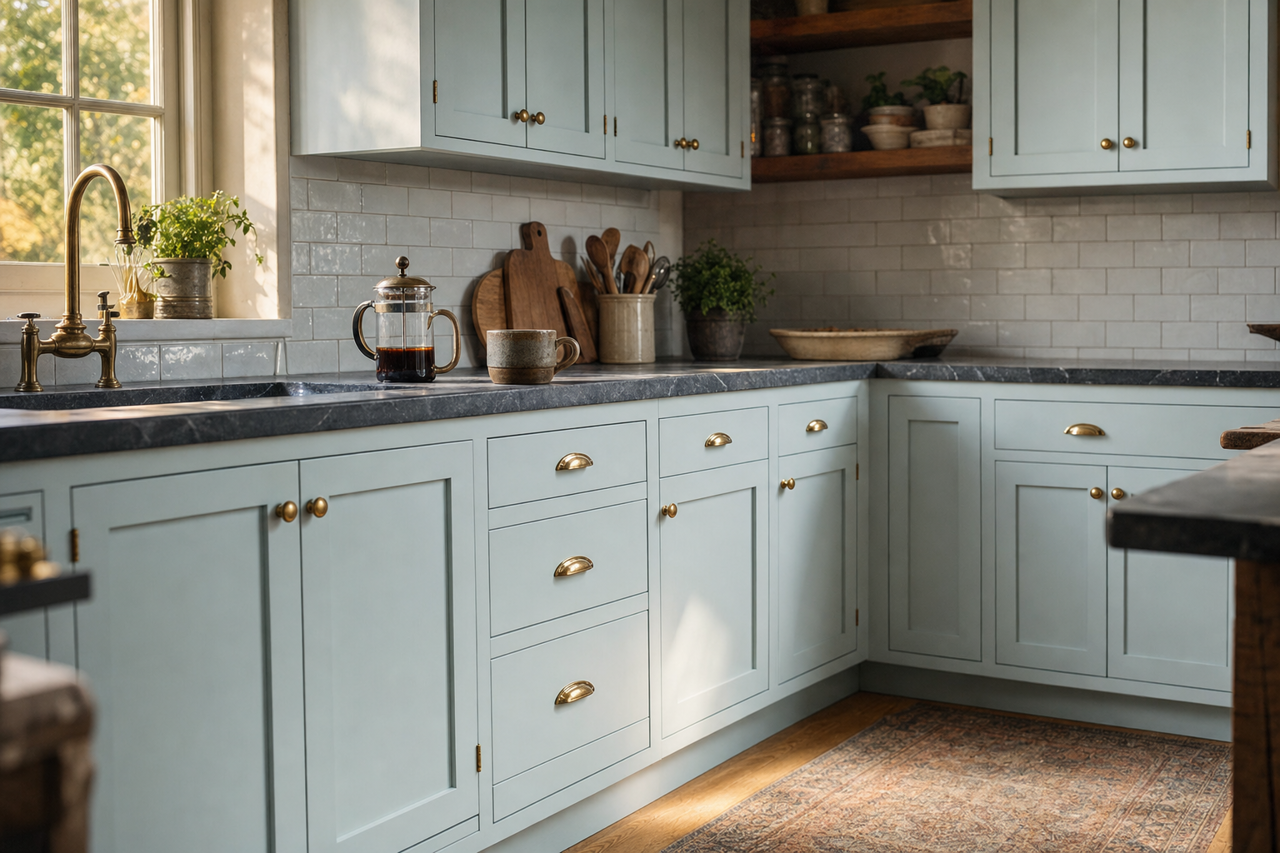 Cool Mist by Valspar on cabinets