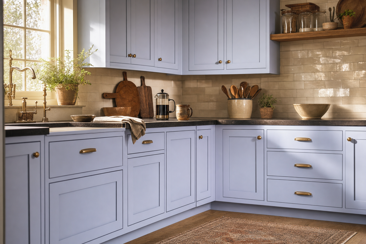 Twilight Mist by Valspar on cabinets