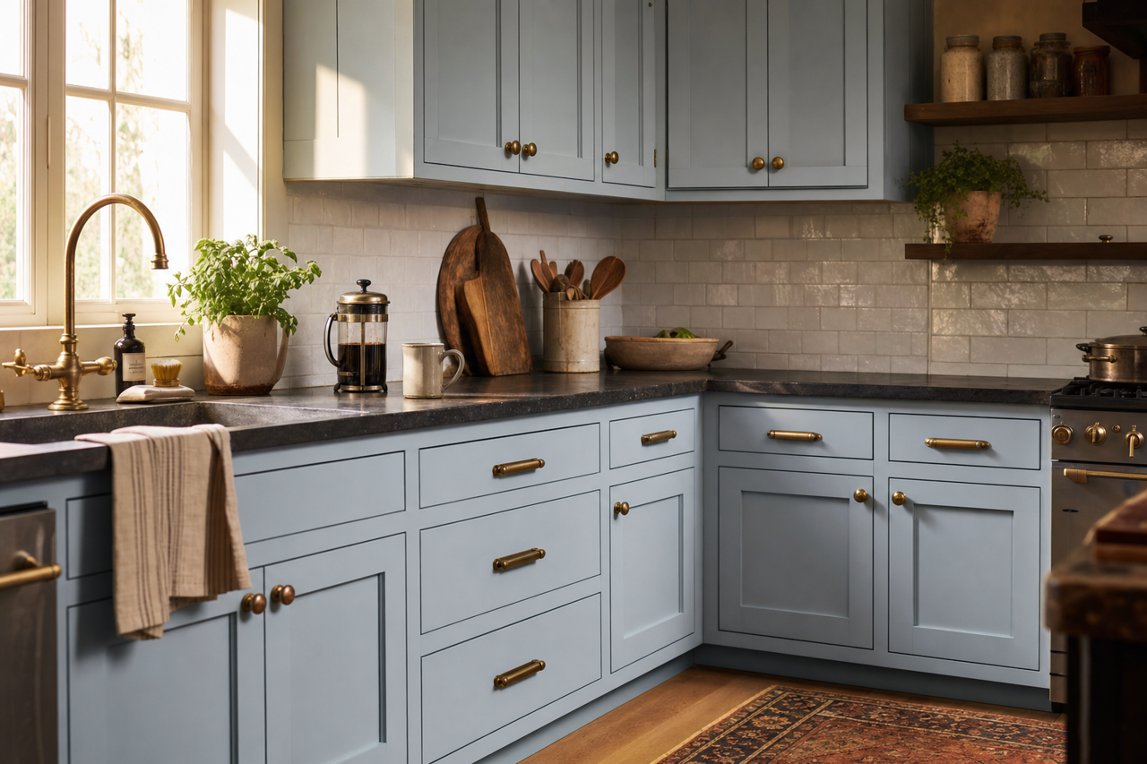 Glacier Mist by Valspar on cabinets