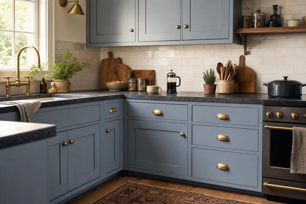 Blissful Blue by Valspar on cabinets