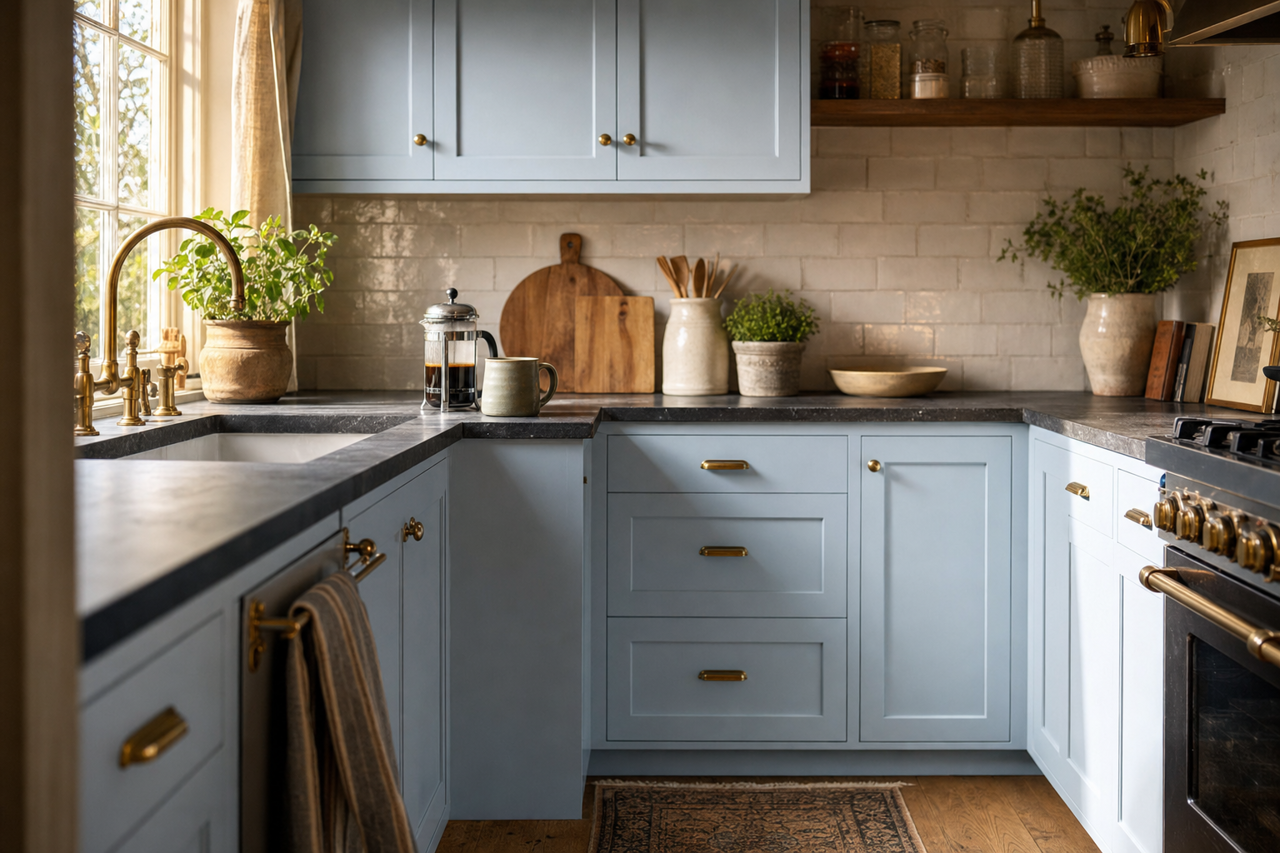 Blue Raindrop by Valspar on cabinets