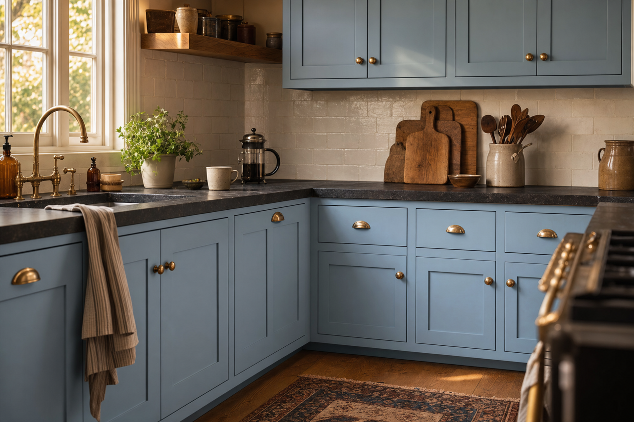 Coventry Blue by Valspar on cabinets