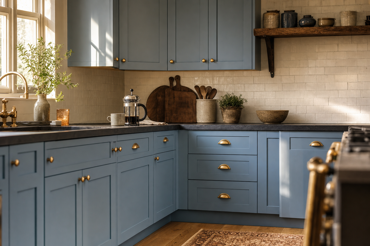 Blue Sash by Valspar on cabinets
