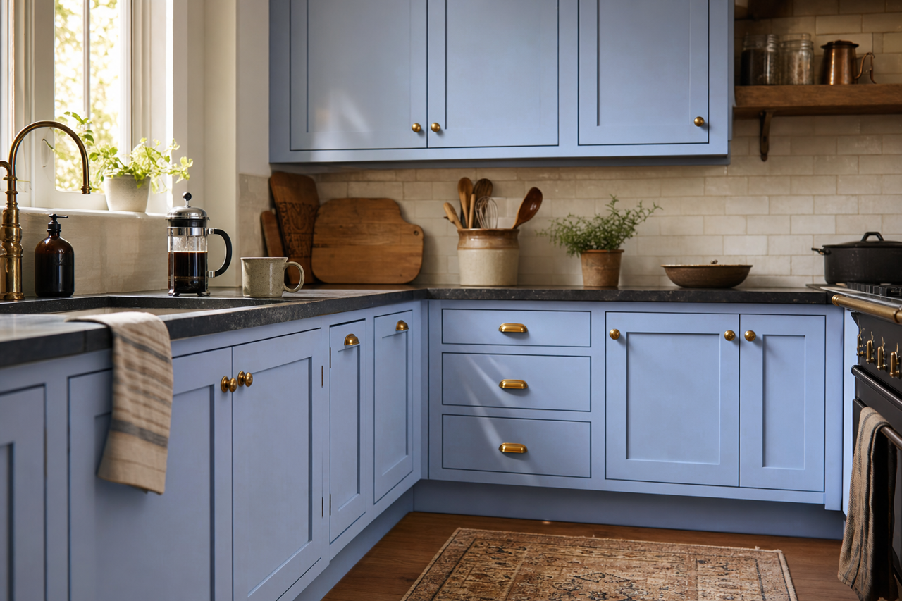 Mysterious Blue by Valspar on cabinets