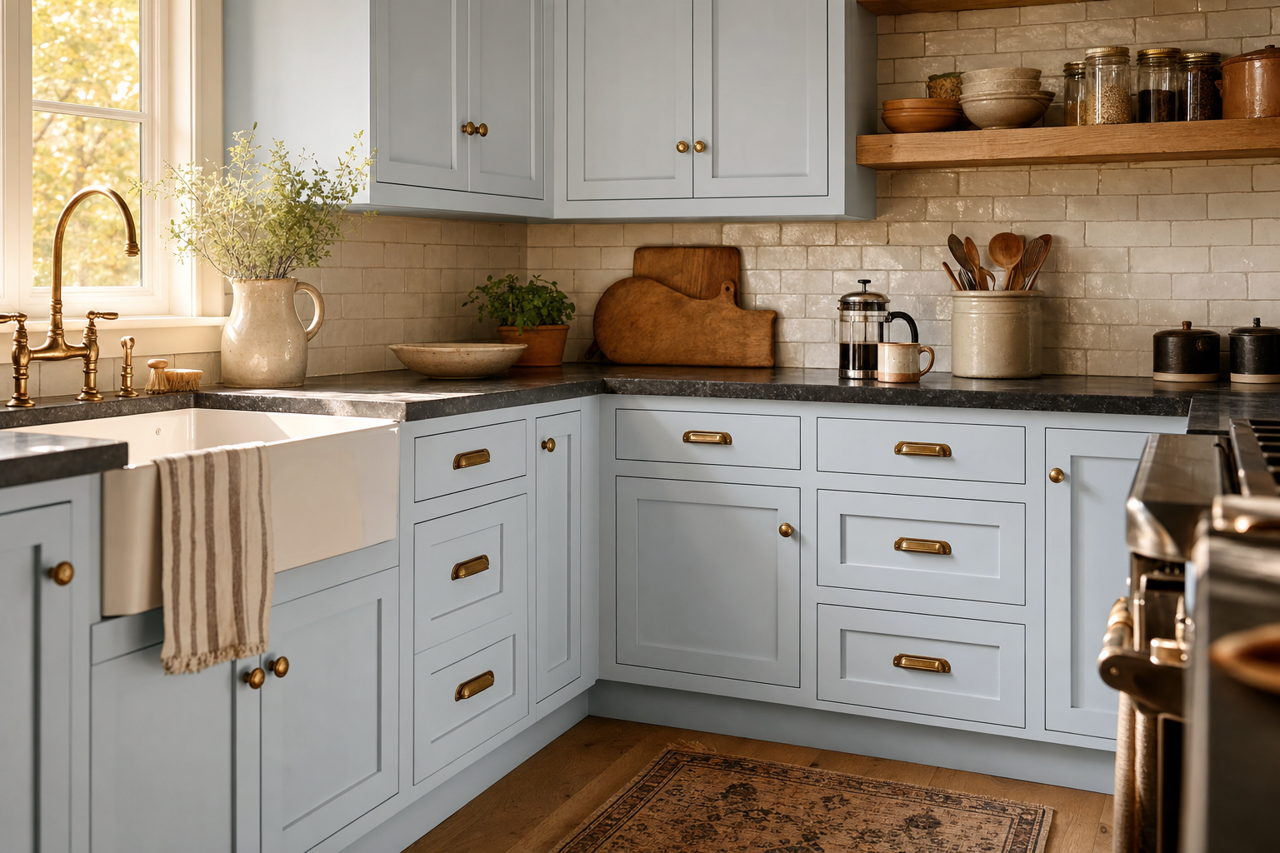 Silver Dusk by Valspar on cabinets