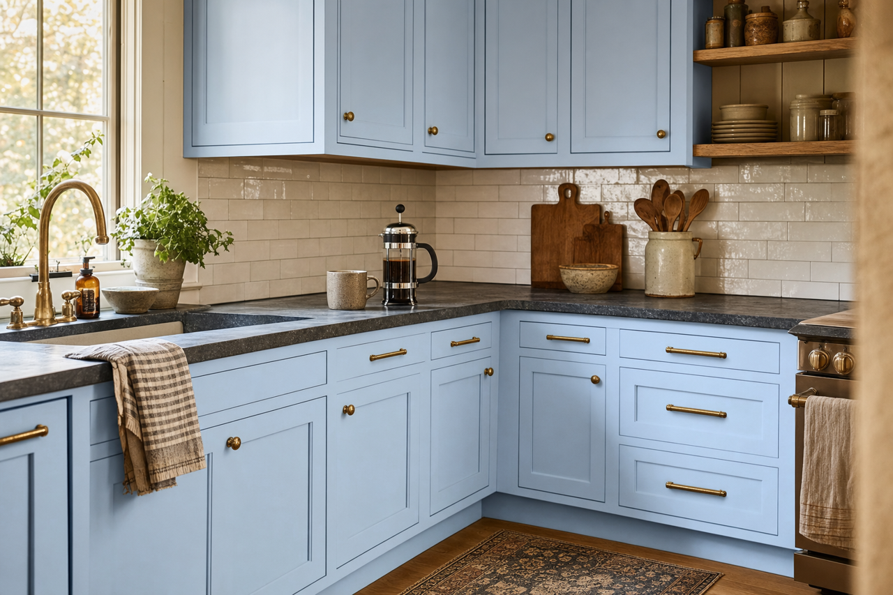 Utterly Blue by Valspar on cabinets