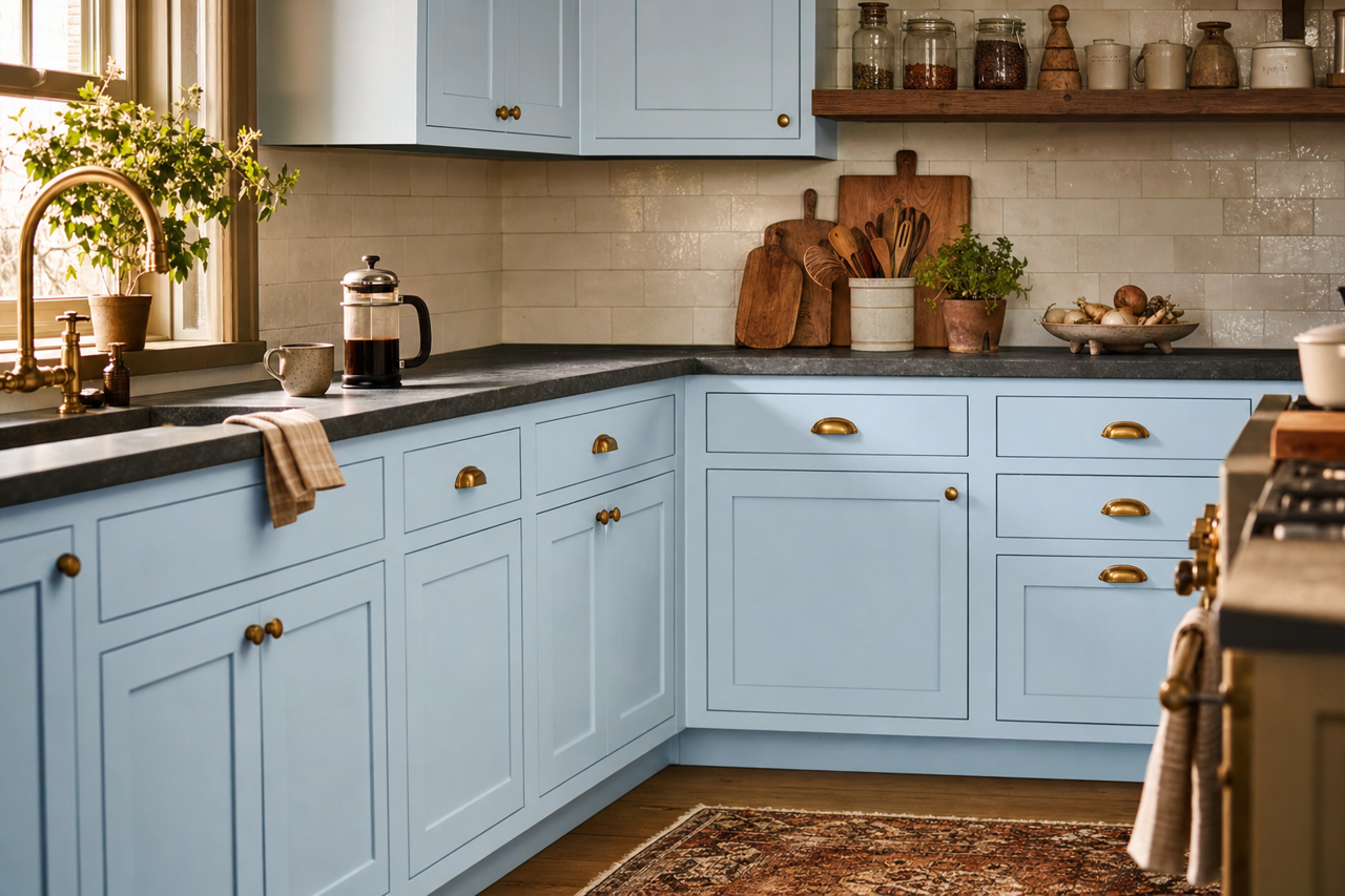 Blue Mist by Valspar on cabinets