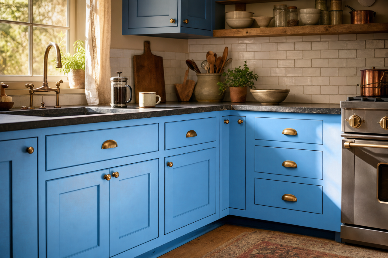 Blue Tango by Valspar on cabinets