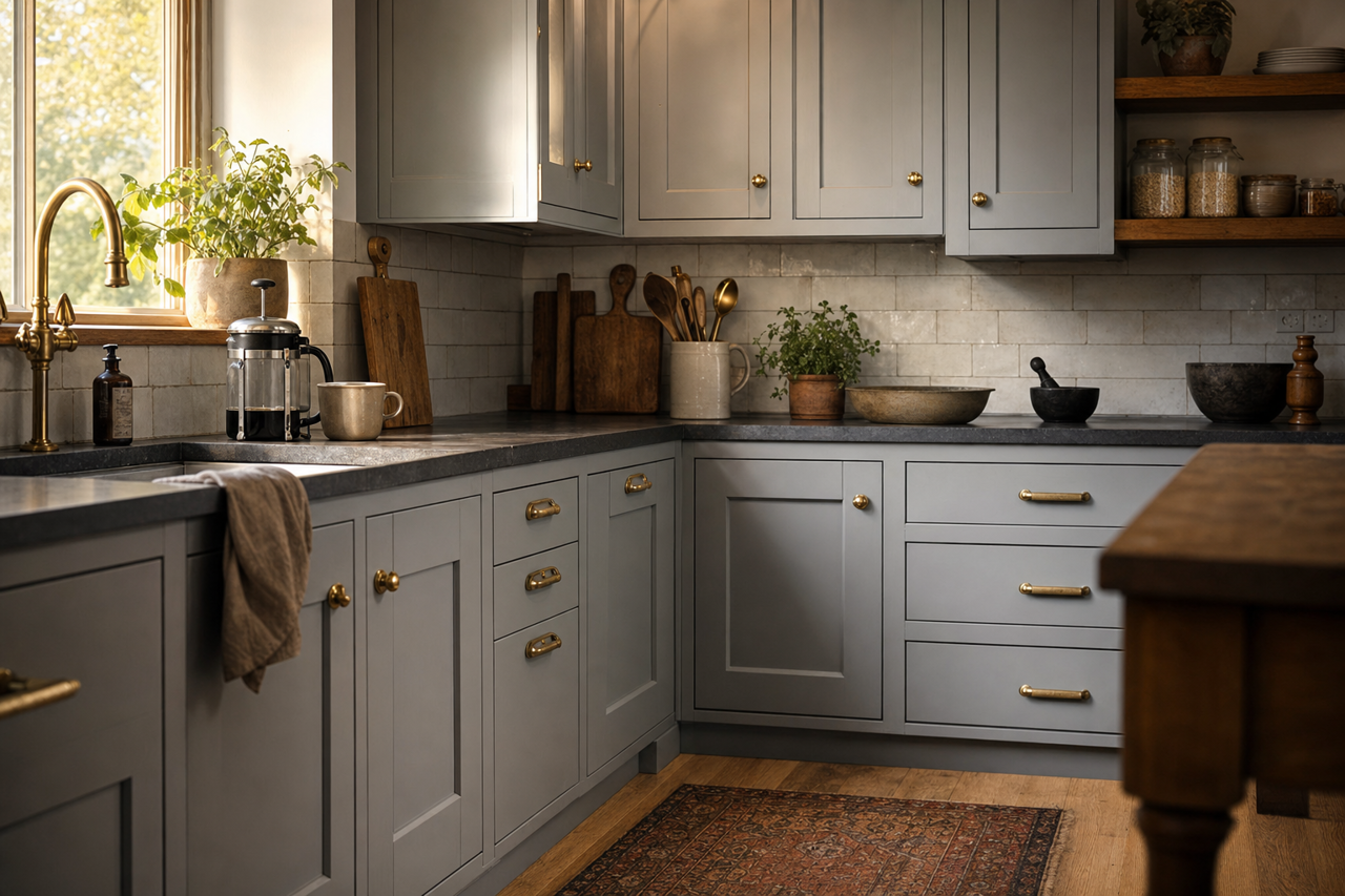 Winter Flannel by Valspar on cabinets