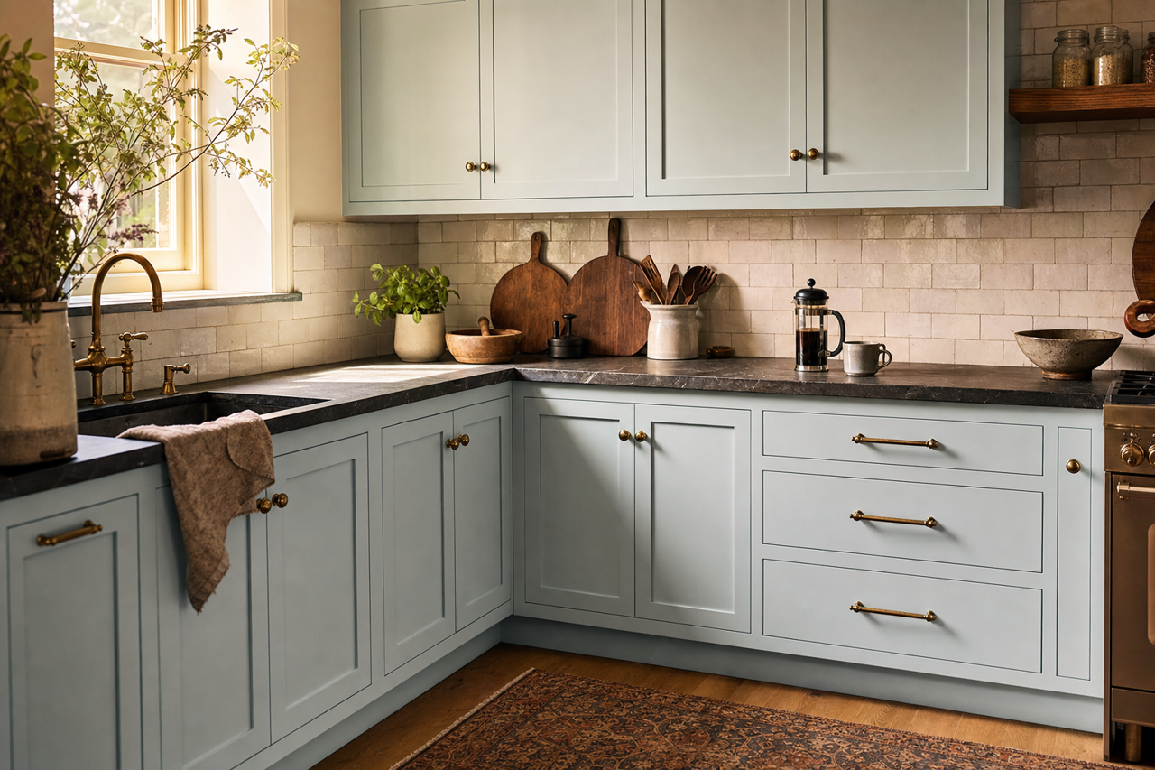 Ghost Ship by Valspar on cabinets