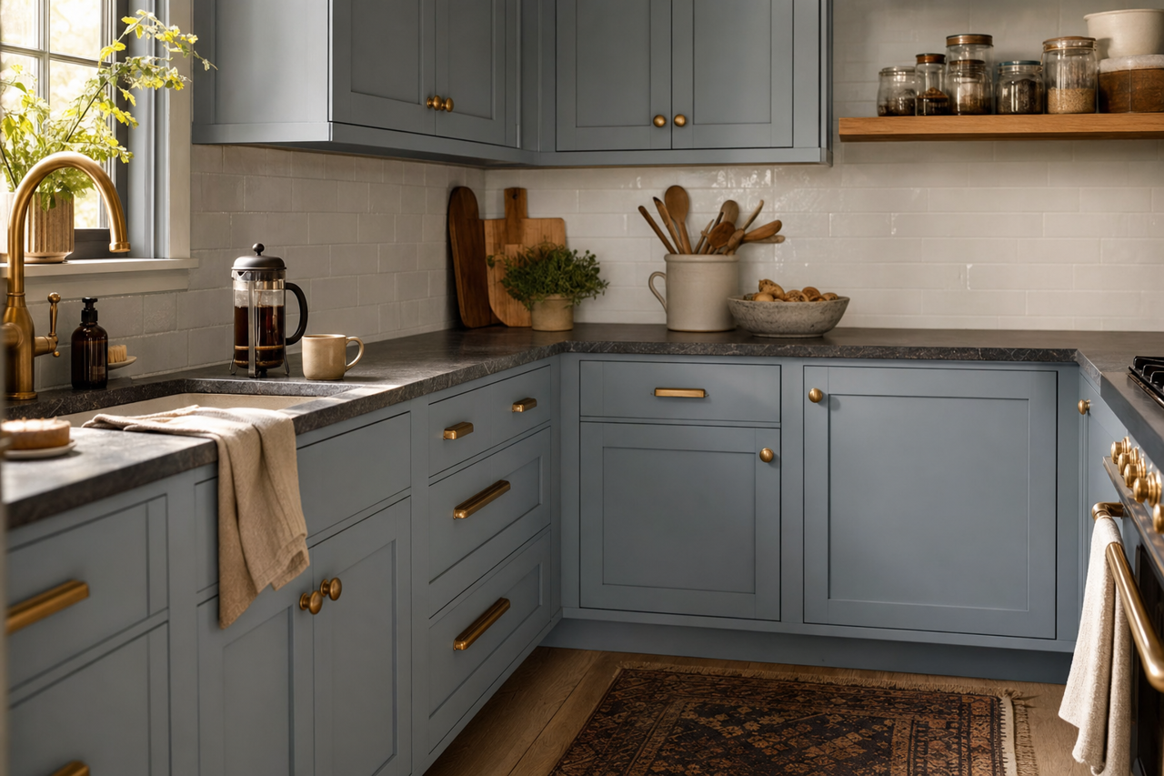 Evening Eclipse by Valspar on cabinets