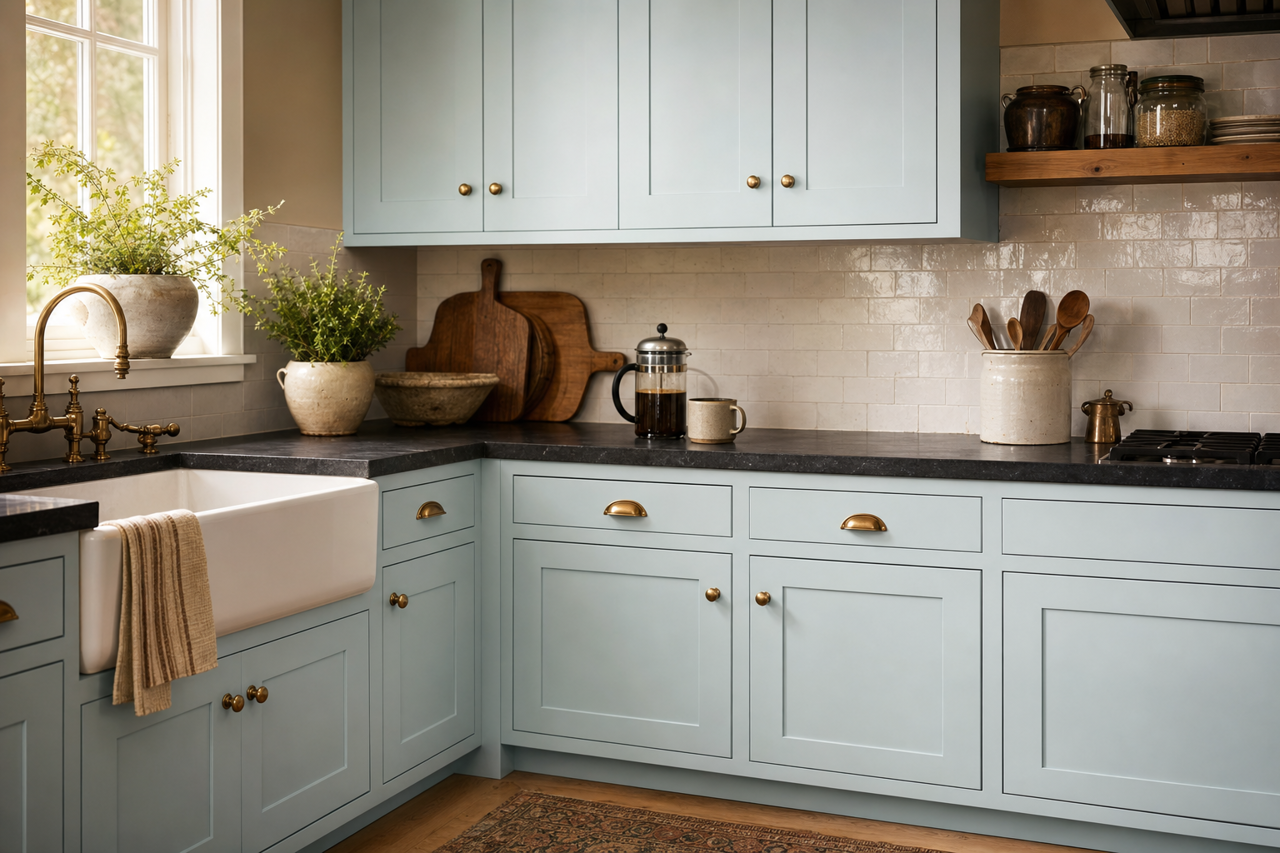 Ice Rink Blue by Valspar on cabinets