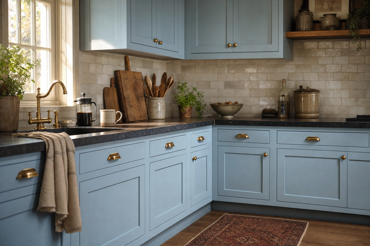 Memorybook Blue by Valspar on cabinets