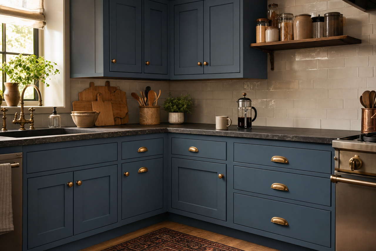 Deep Twilight Blue by Valspar on cabinets