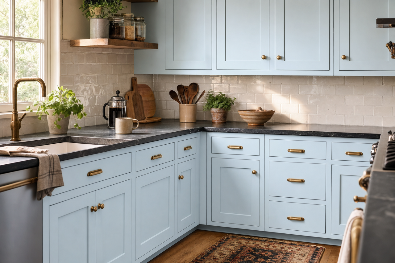 Air Kiss by Valspar on cabinets
