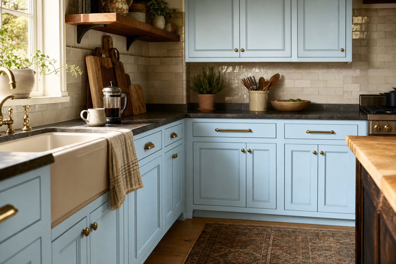 Clear Blue Sky by Valspar on cabinets