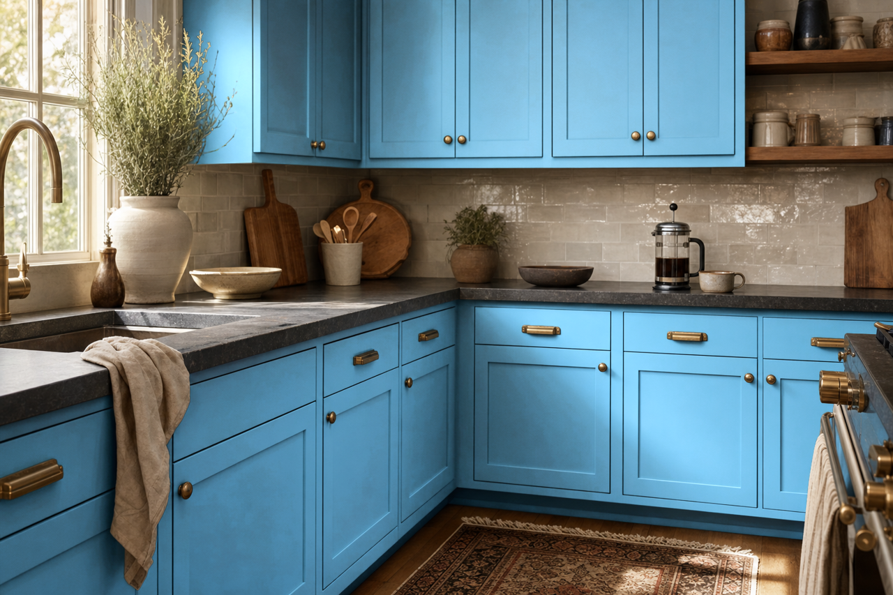 Sea Frolic by Valspar on cabinets